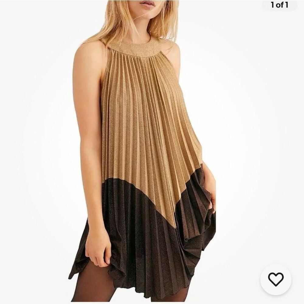 Free People Pleated Love Trapeze Mini Dress Metallic Gold Brown XS